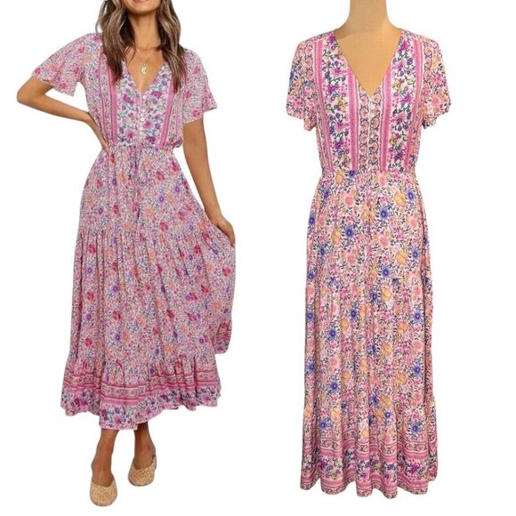 R Vivimos Tiered Floral Maxi Dress Sz.S Pink Short Sleeve Cottage Boho Romantic - Picture 1 of 16